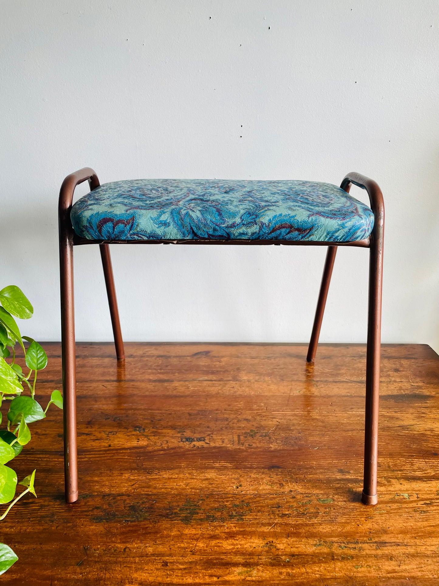 Vintage 1968 Perfect Chrome Furniture Co. Stackable Stool Chair with Vinyl Cushion - Blue Floral Pattern #1 - Made in Toronto