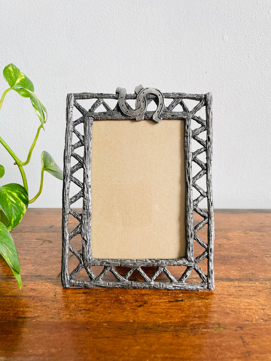 Vintage Western Equestrian Themed Silver Pewter Metal Picture Frame with Horseshoe Design - Easel Backing - Made in Taiwan - 3" x 4.5" Photo Size