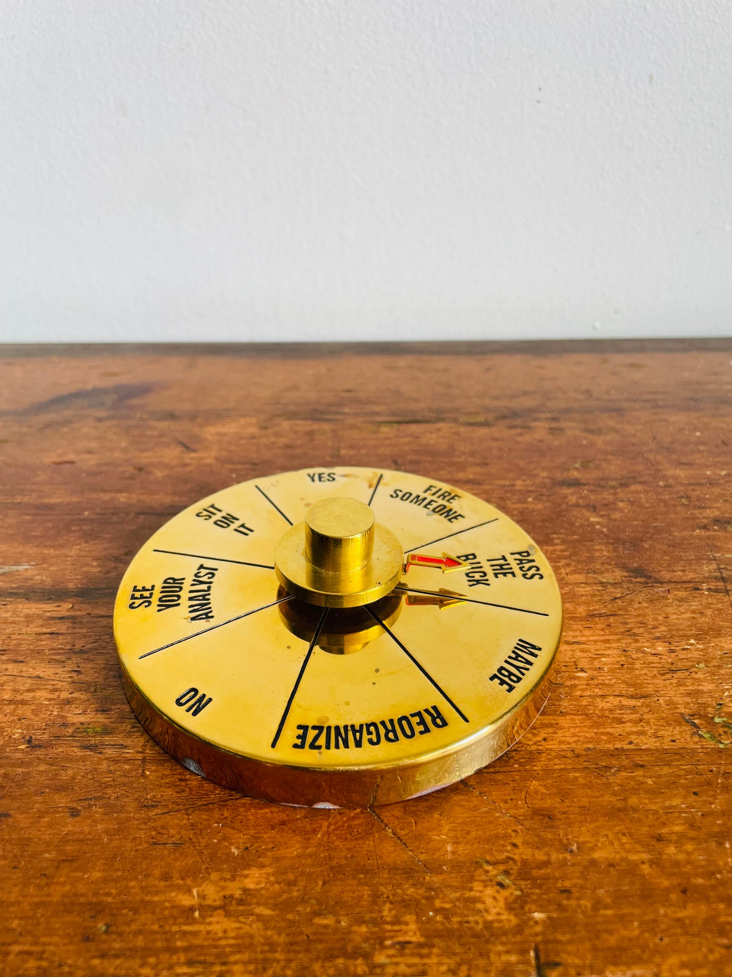 Vintage Brass Executive Decision Maker Desk Toy Paperweight - Made in Hong Kong - Spin the Arrow to Help You Decide!