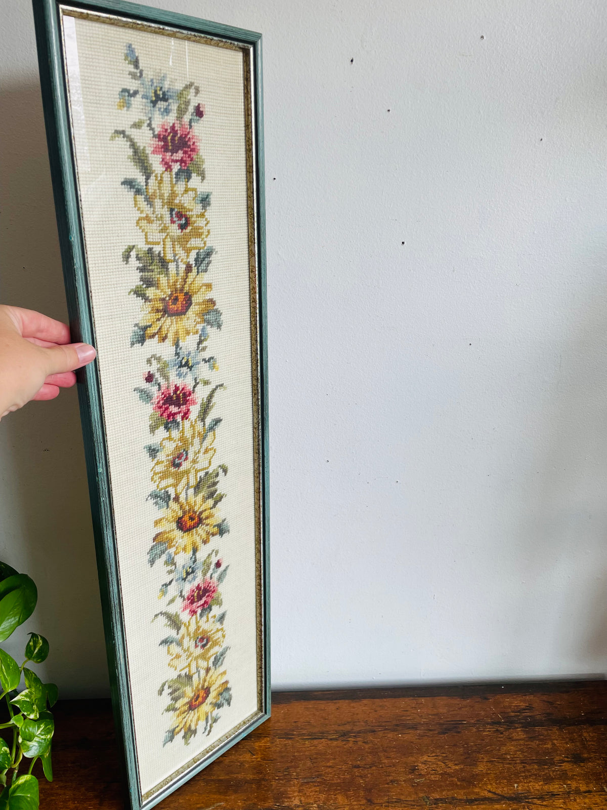 Vintage 2.5 Feet Long Needlepoint Embroidery Picture of Flowers - No Shipping