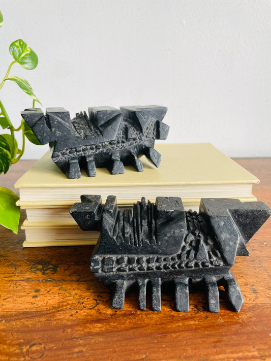 Vintage Carved Soapstone Bookends with Futuristic Abstract Design - Set of 2