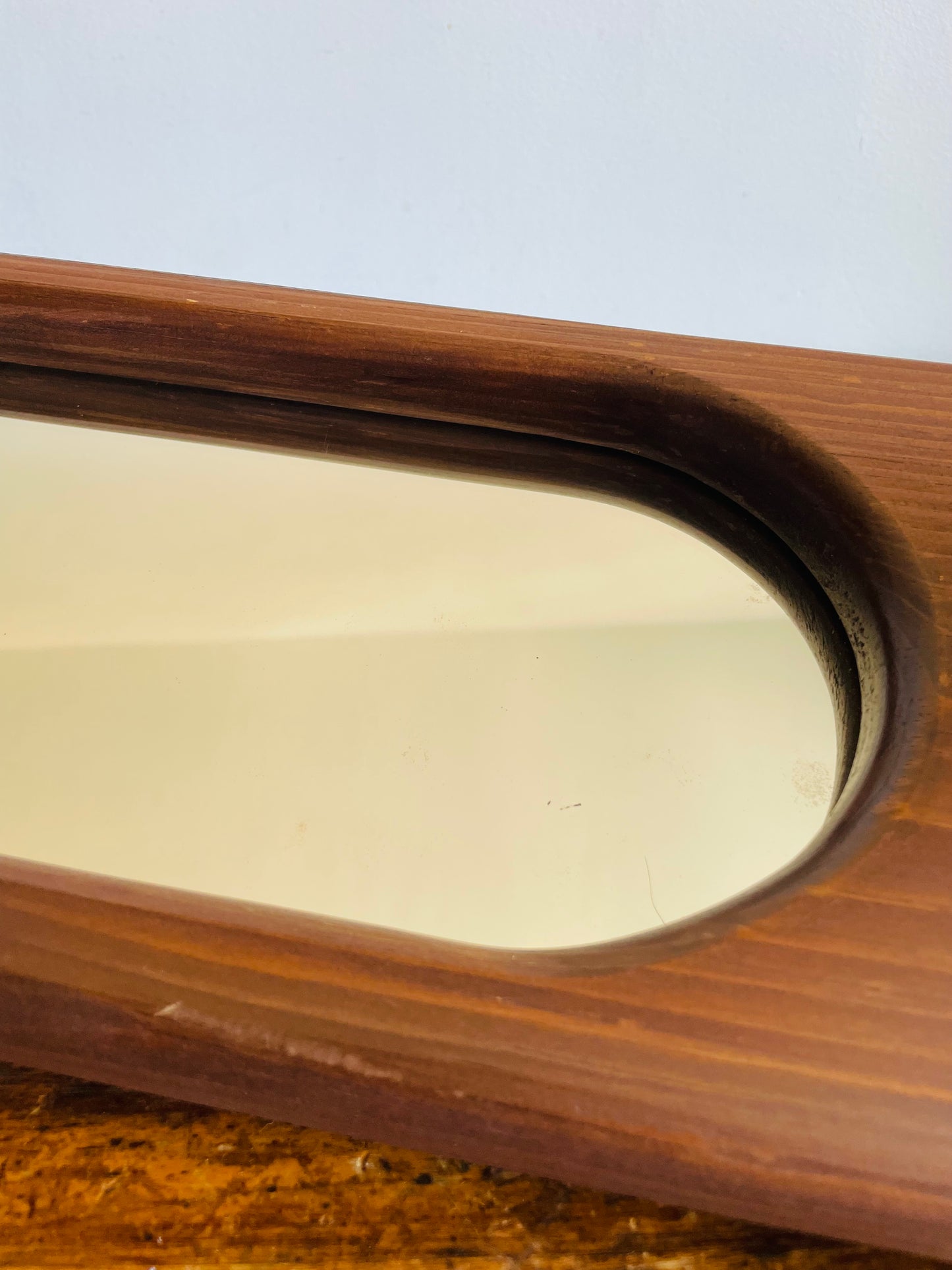 Vintage Organic Wavy Shaped Wood Mirror with Shelf Ledge #1 - 2 Feet Long - No Shipping