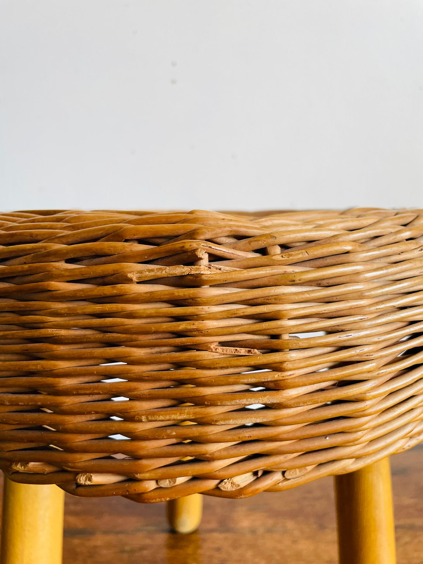 Vintage Mid-Century Modern Tony Paul Attributed Style Wood & Wicker Footrest Stool or Small Side Table with Tripod Spindle Legs