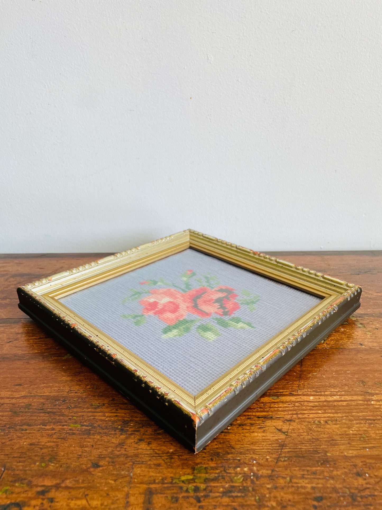 Vintage Needlepoint Embroidery Picture of Pink Roses on Blue Background in Diamond Frame - Simpsons Department Store
