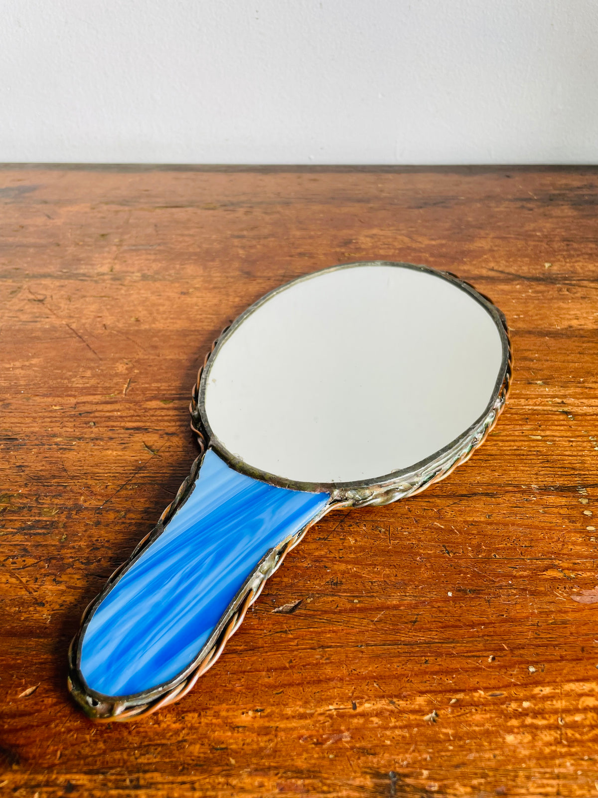 Vintage Stained Glass Handheld Mirror with Blue Rose Flower Design