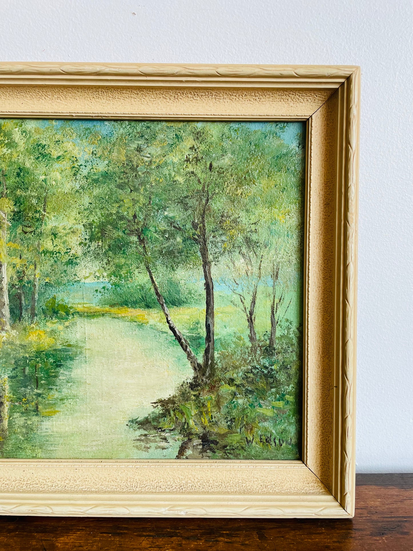 Original Art Painting in White Wood Frame - Signed by Artist - River Through Forest Scene