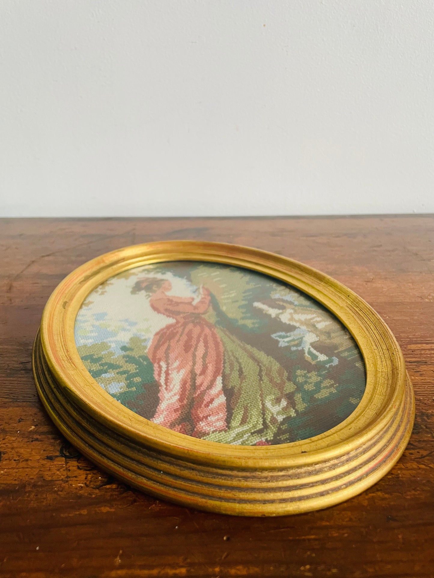 Vintage Needlepoint Embroidery Picture in Gold Oval Frame - Girl in Pink Dress Reading to Her Dog