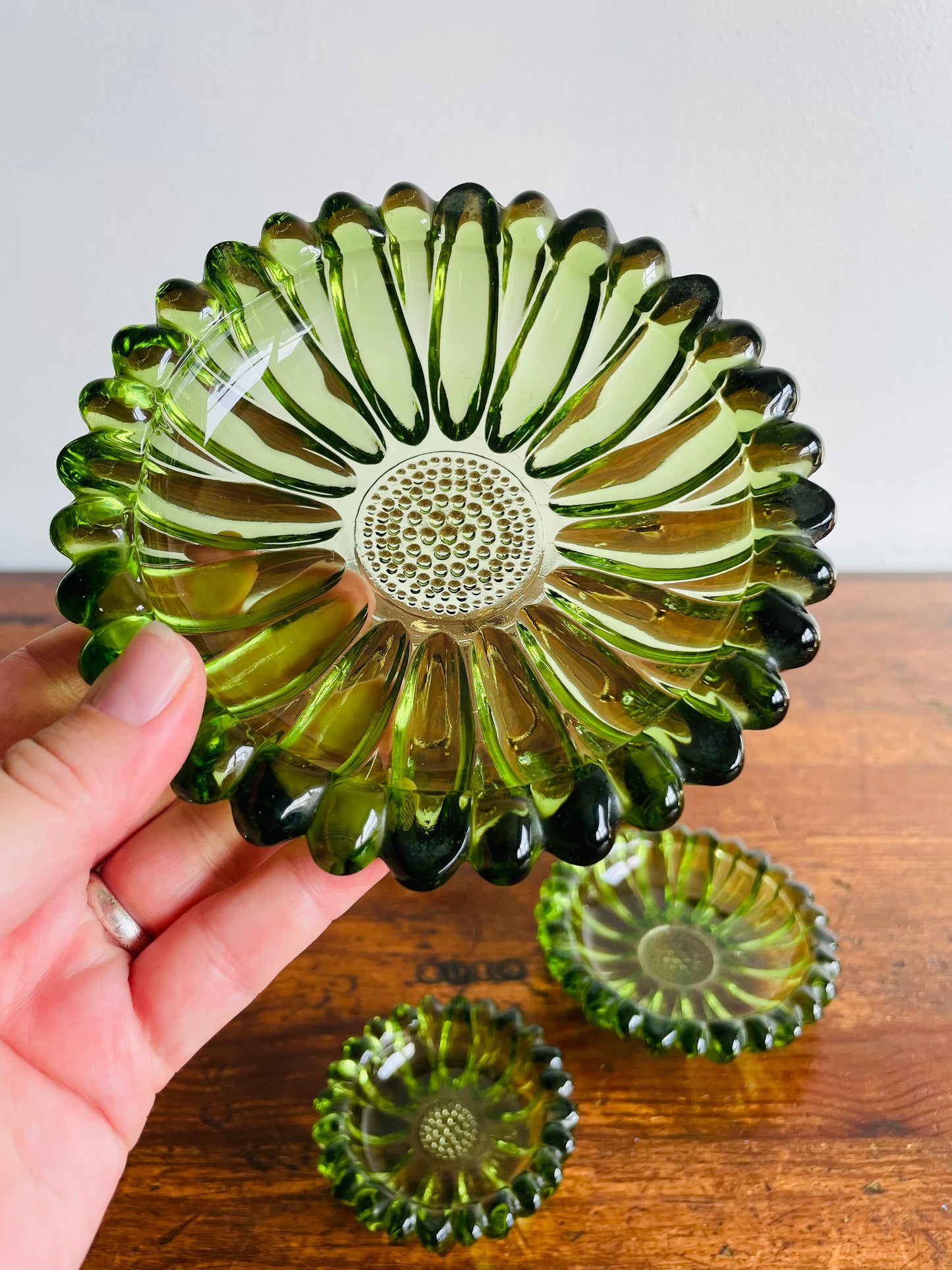 Hazel Atlas Green Glass Nesting Flower Ashtrays or Trinket Dishes in Solid Brass Holder - Set of 4 Pieces