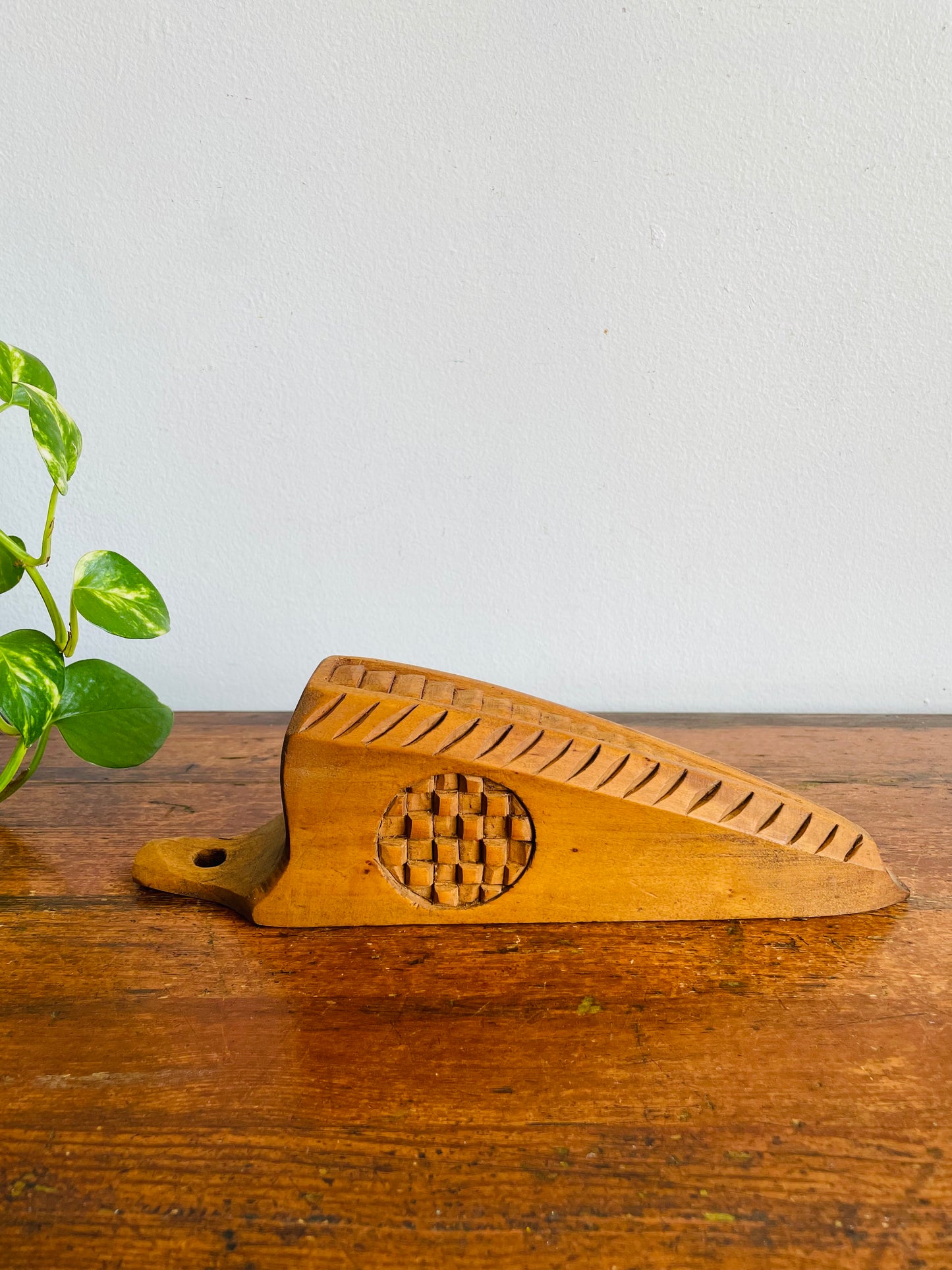 Vintage Hand Carved Wood Wall Pocket Vase with Flower & Stripe Design