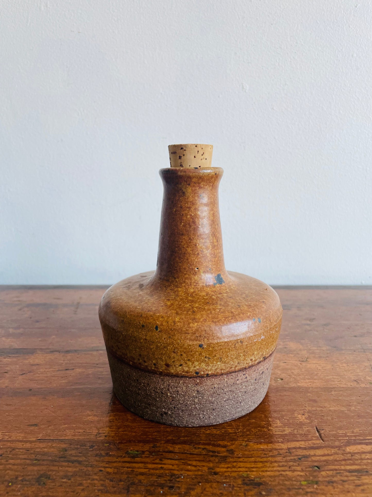 1971 Studio Art Pottery Speckled Brown Stoneware Liquor Decanter Set with 4 Shot Glasses