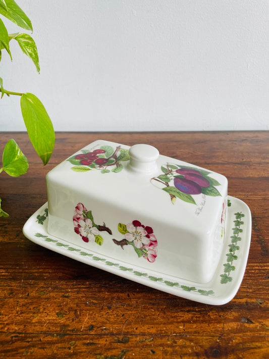 Portmeirion Pomona Fruit & Flower Pattern Wedge Lid Covered Cheese Dish by Susan Williams-Ellis - Made in England