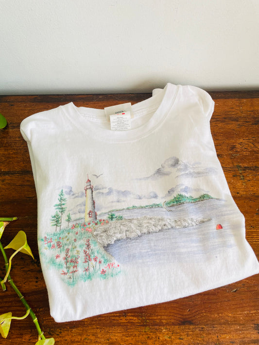 Vintage Northern Reflections 100% Cotton White T-Shirt with Lighthouse Shore Scene - Oversized Large - Made in Canada