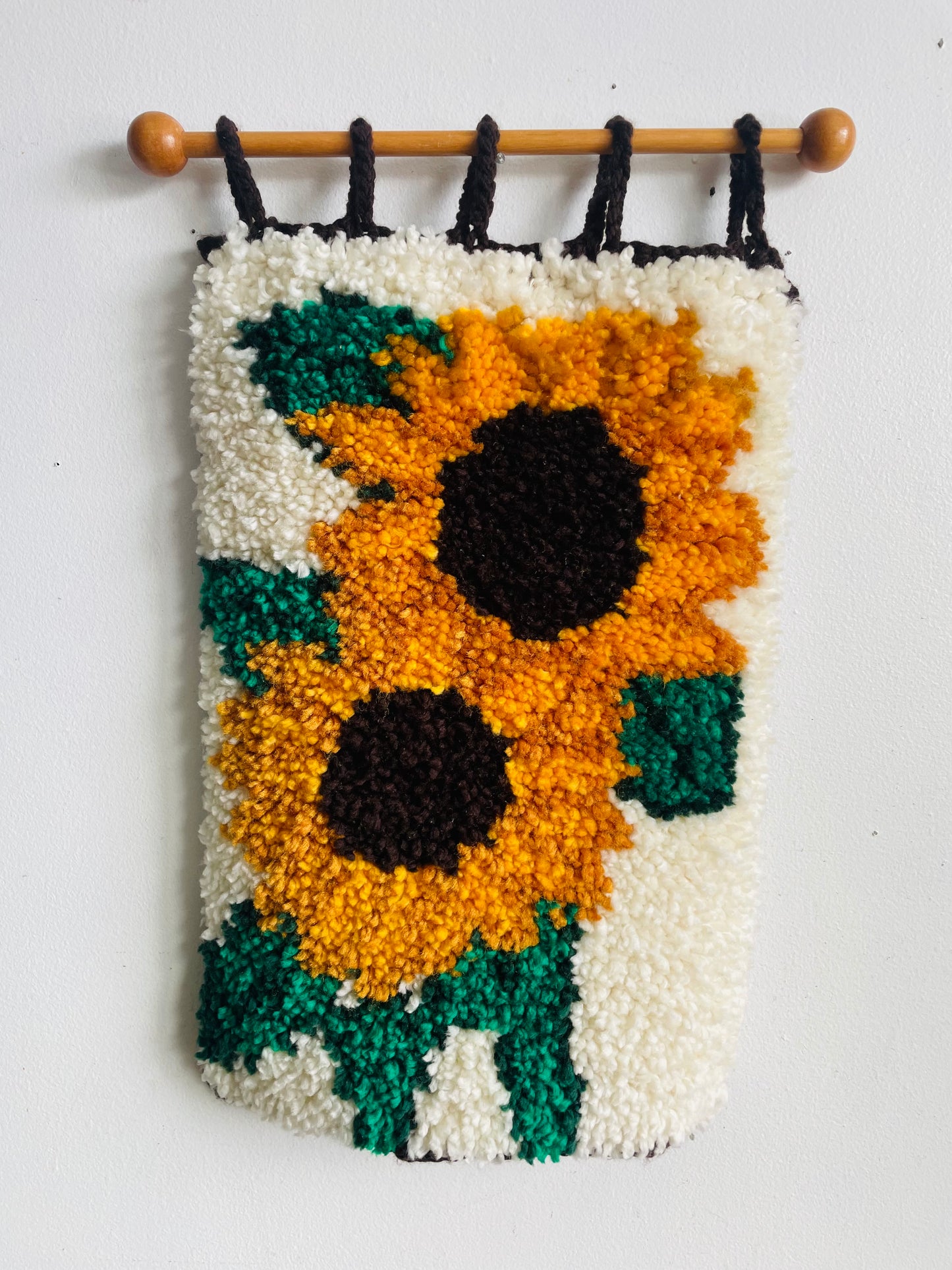 Vintage 1970s Cheerful Sunflowers Latch Hook Rug Wall Hanging Textile on Wood Dowel