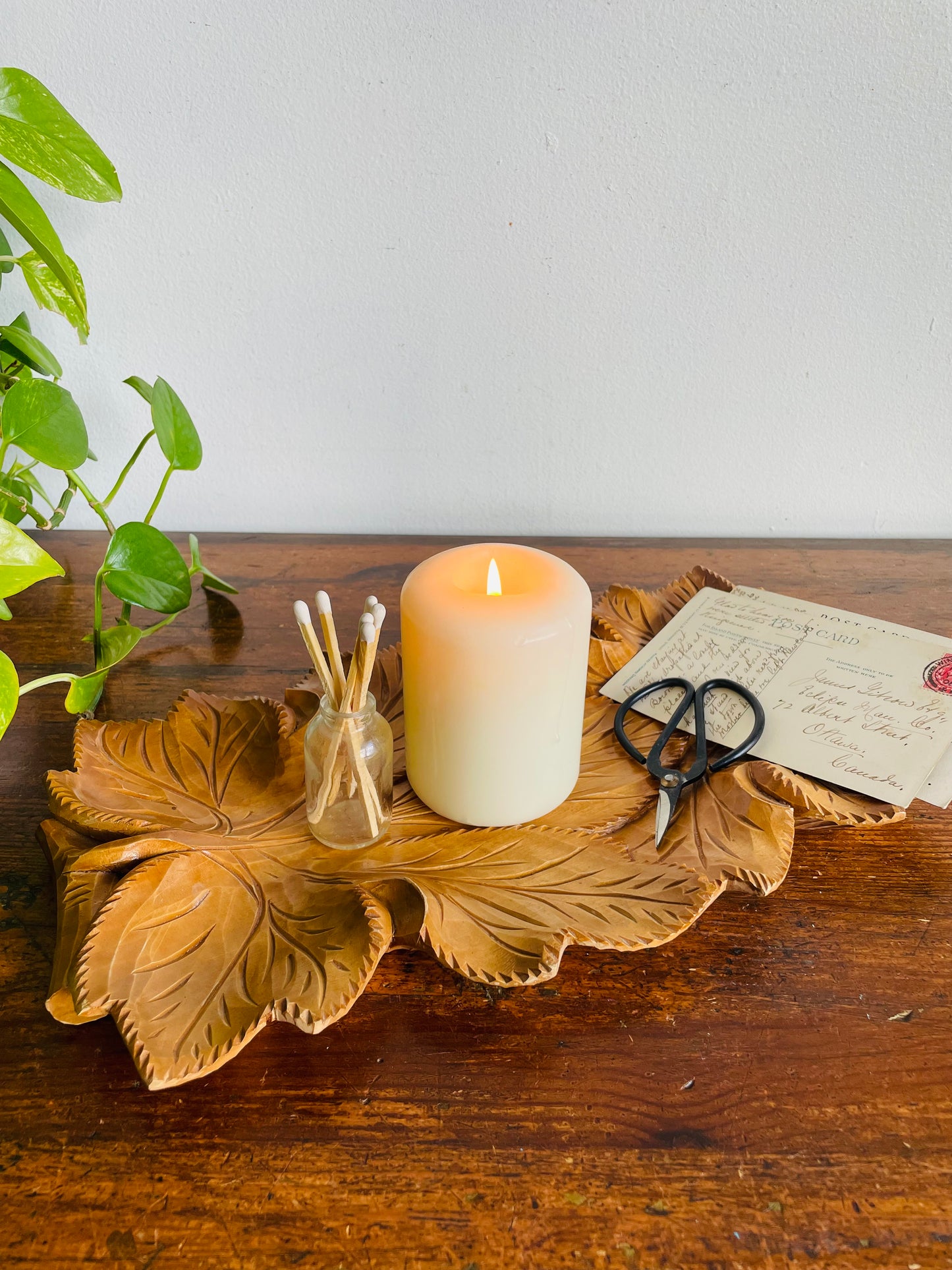 Vintage Gorgeous Carved Wood Tray with Leaf Design & Handles - Can Hang or Lay Flat