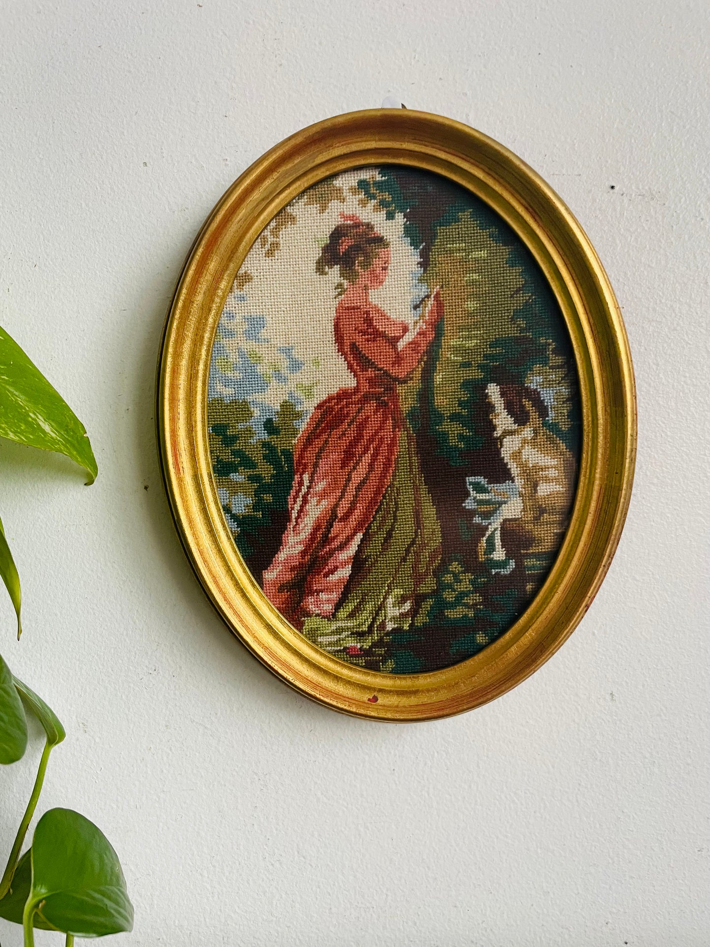 Vintage Needlepoint Embroidery Picture in Gold Oval Frame - Girl in Pink Dress Reading to Her Dog