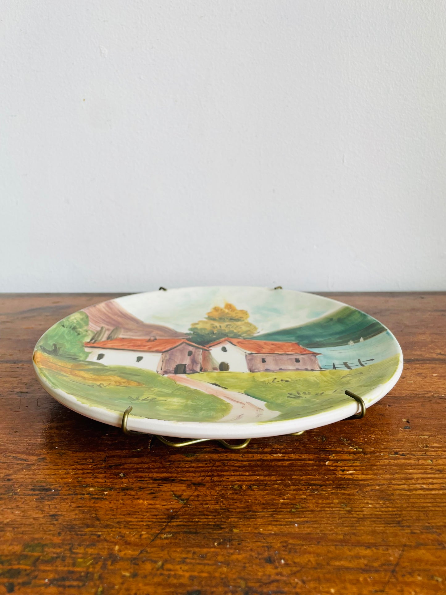 Vintage Hand Painted Wall Hanging Plate with Country Houses Beside Lake & Mountains Scene - A. Stocco Italy