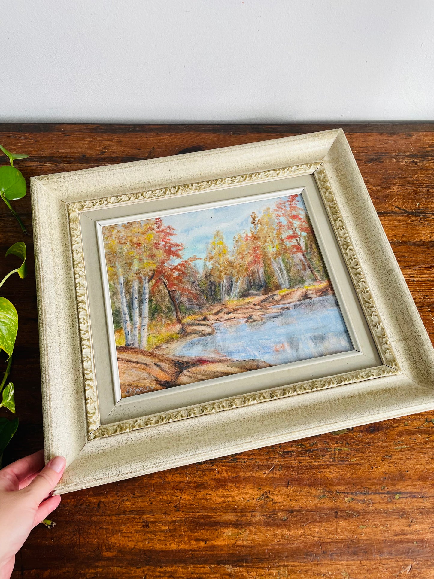 Vintage Original Art Painting Picture in Gold & White Wood Frame - Hudson Point on Lake Muskoka - Artist Signed