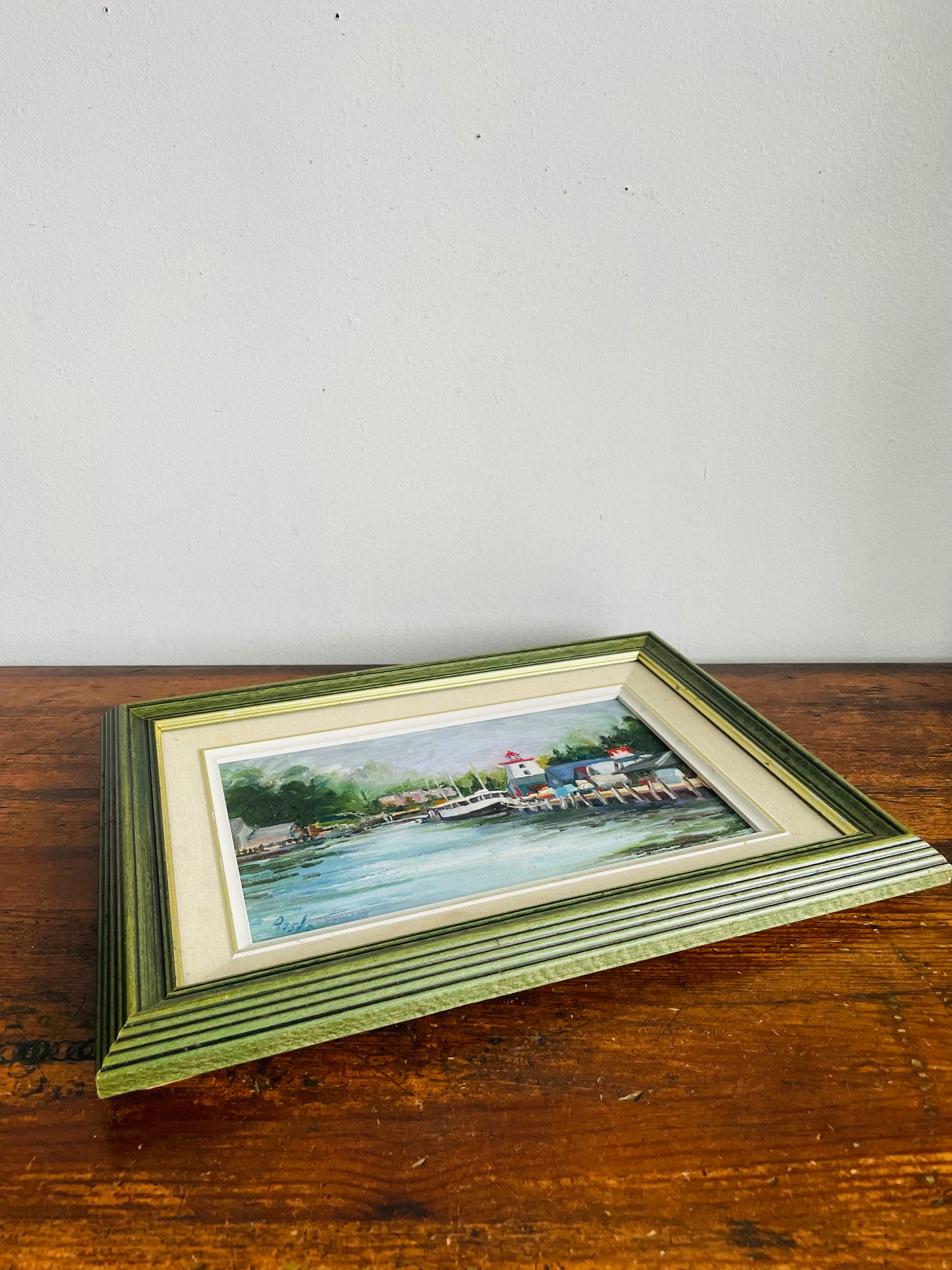 Vintage Original Art Painting Picture of Boats Along Pier in Green Wood Frame - Artist Signed