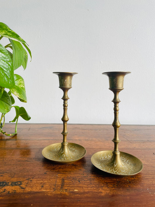 Solid Brass Candlestick Holders with Etched Leaf Pattern - Made in India - Set of 2