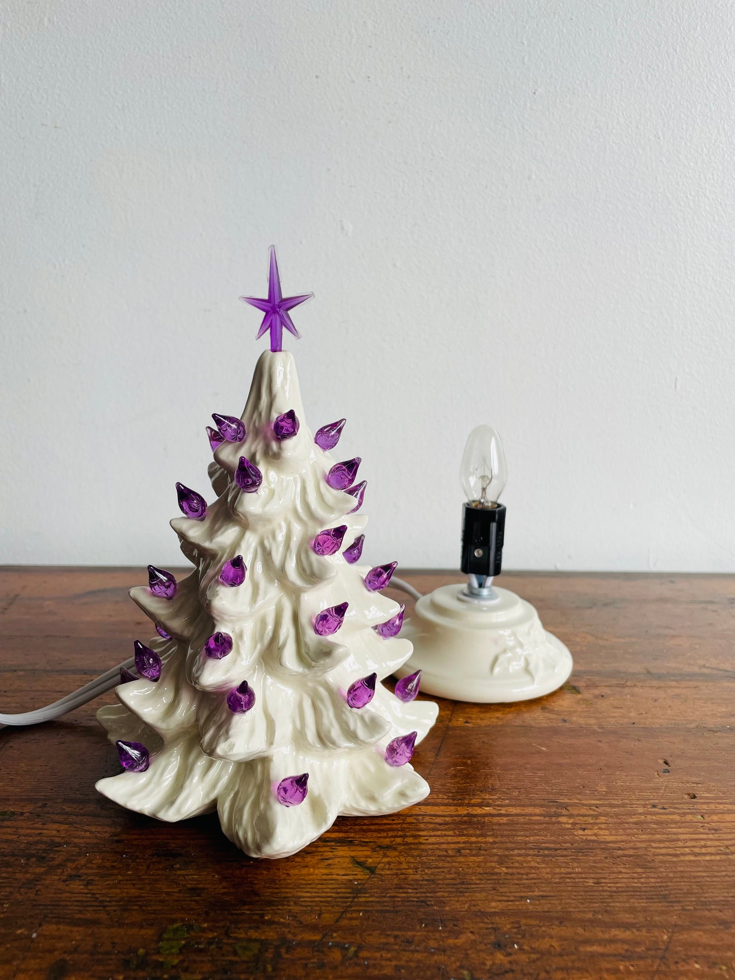 Miniature White Ceramic Light Up Christmas Tree with Purple Bulbs & Star (2005)