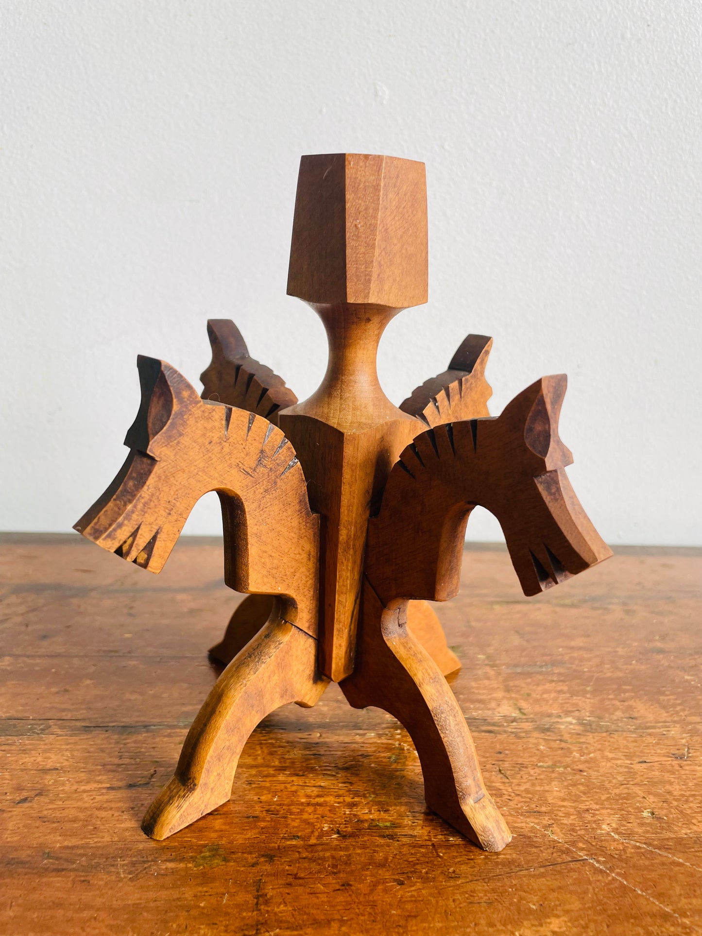 Vintage Swedish Odinstake Wood Candle Holder with Interlocking Puzzle Horse Figurines by Bertil Johansson - Sparlösa Sweden