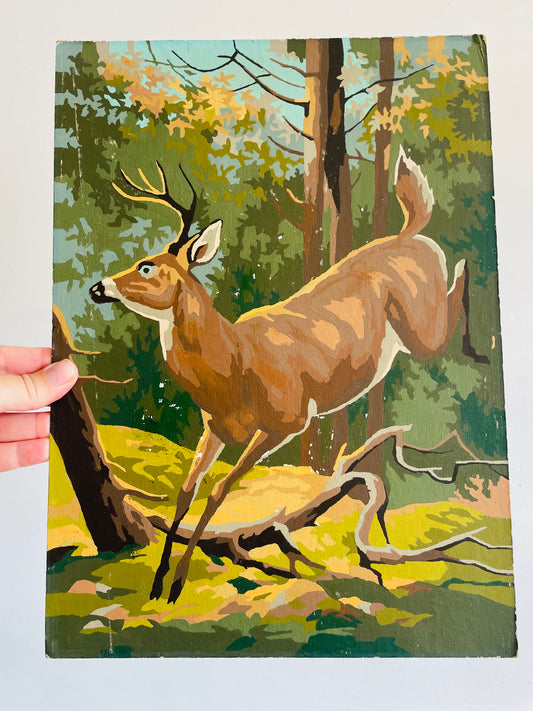 Vintage 1960s Paint by Number (PBN) Picture on Board of Deer Running Through Forest - 10" x 14"