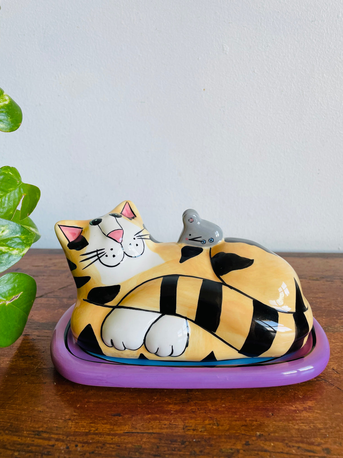 Vintage 2002 Bright & Fun Catzilla Striped Orange Cat & Mouse Butter Dish - Candace Reiter Designs - Whimsical Home Decor