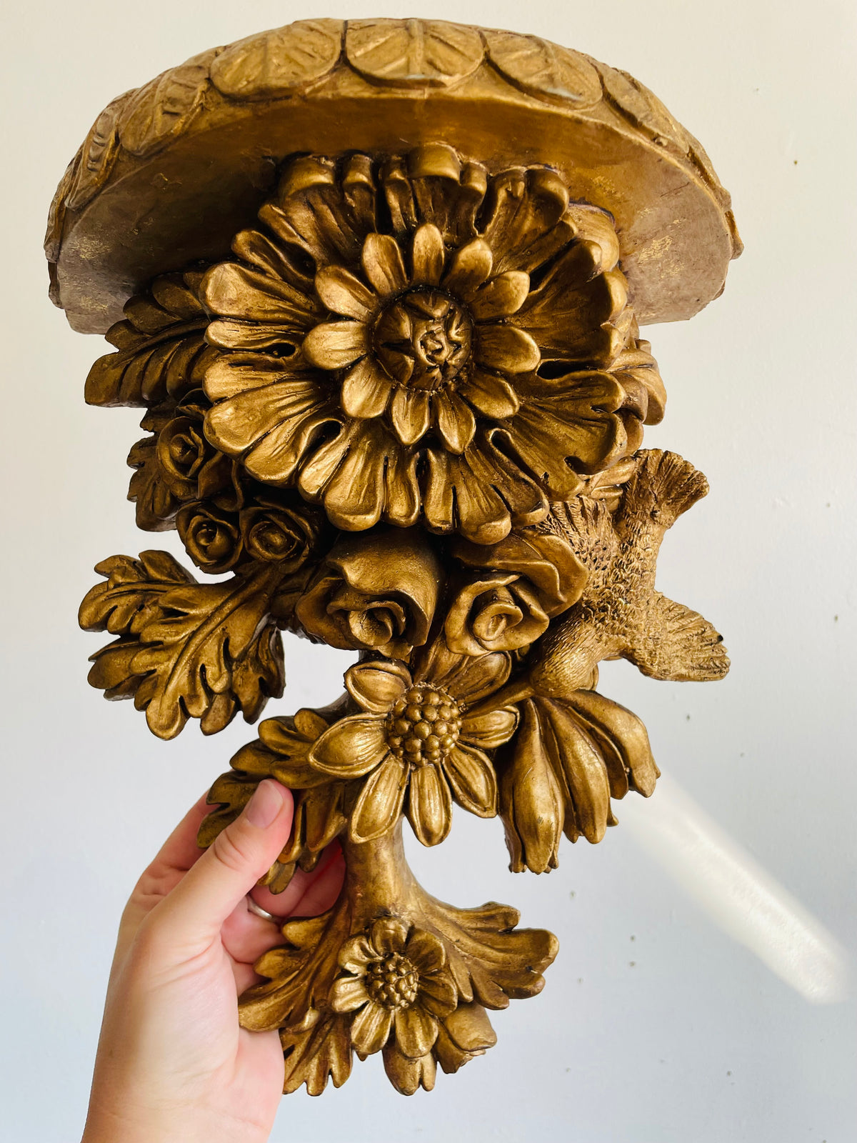 Vintage Gold Wall Floating Hanging Wall Shelf with Ornate Flower and Hummingbird Design