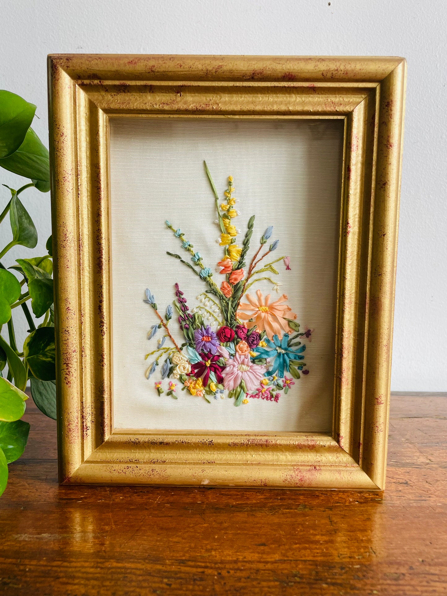 Vintage Needlepoint Crewel Silk Ribbon Embroidery Picture of Flowers in Gold Shadowbox Frame