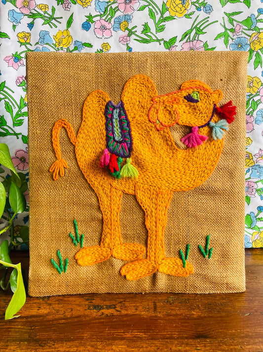 Bright & Fun Crewel Embroidery Picture of Orange Camel with Tassels