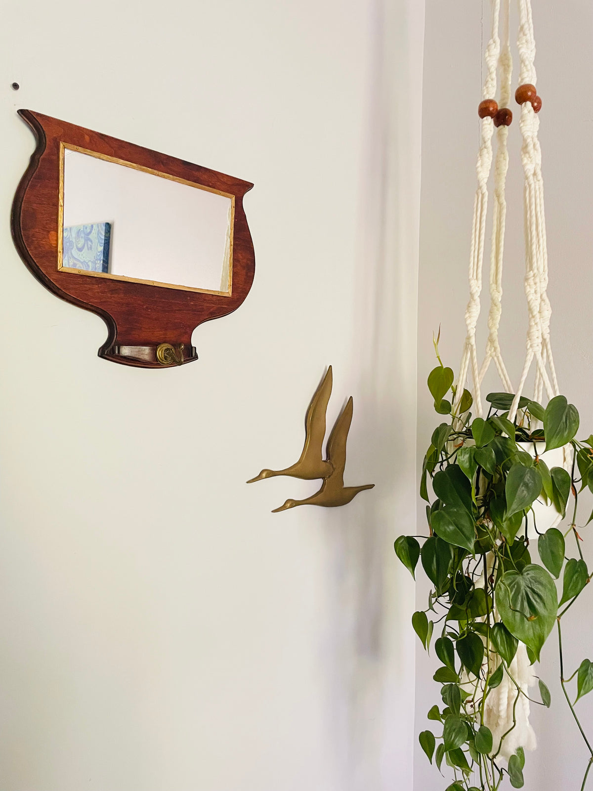 Vintage / Antique Wood Mirror with Gold Trim & Brass Hook for Hanging Items