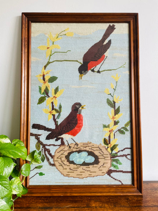 Giant Framed Needlepoint Embroidery Picture of Robin Birds in Tree with Nest