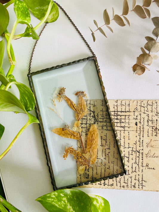 1983 Bevelled Glass & Metal Window Hanging Suncatcher with Dried Pressed Flowers - Signed by Ann