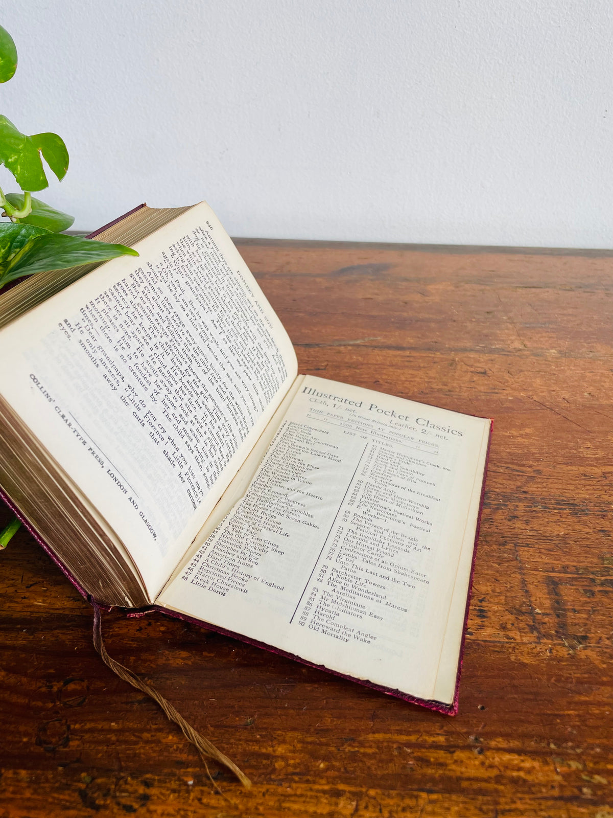 Antique Early 1900s Dombey And Son Leather Bound Book by Charles Dickens - Collins Clear-Type Press