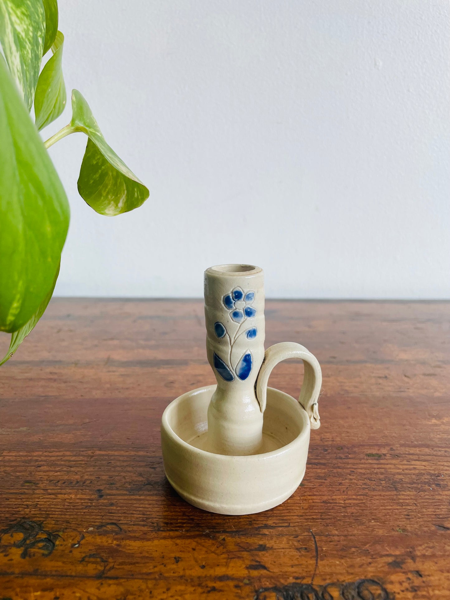 Studio Art Pottery Chamberstick Candle Holder with Painted Blue Flower