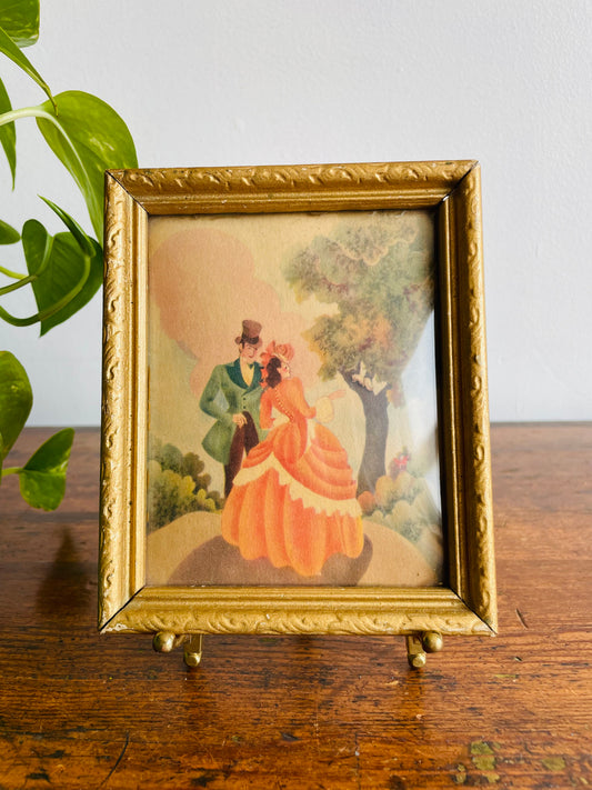Lithograph Print Picture of Man & Woman in Victorian Dress Looking at Bird in Tree - Convex Bubble Glass in Gold Frame