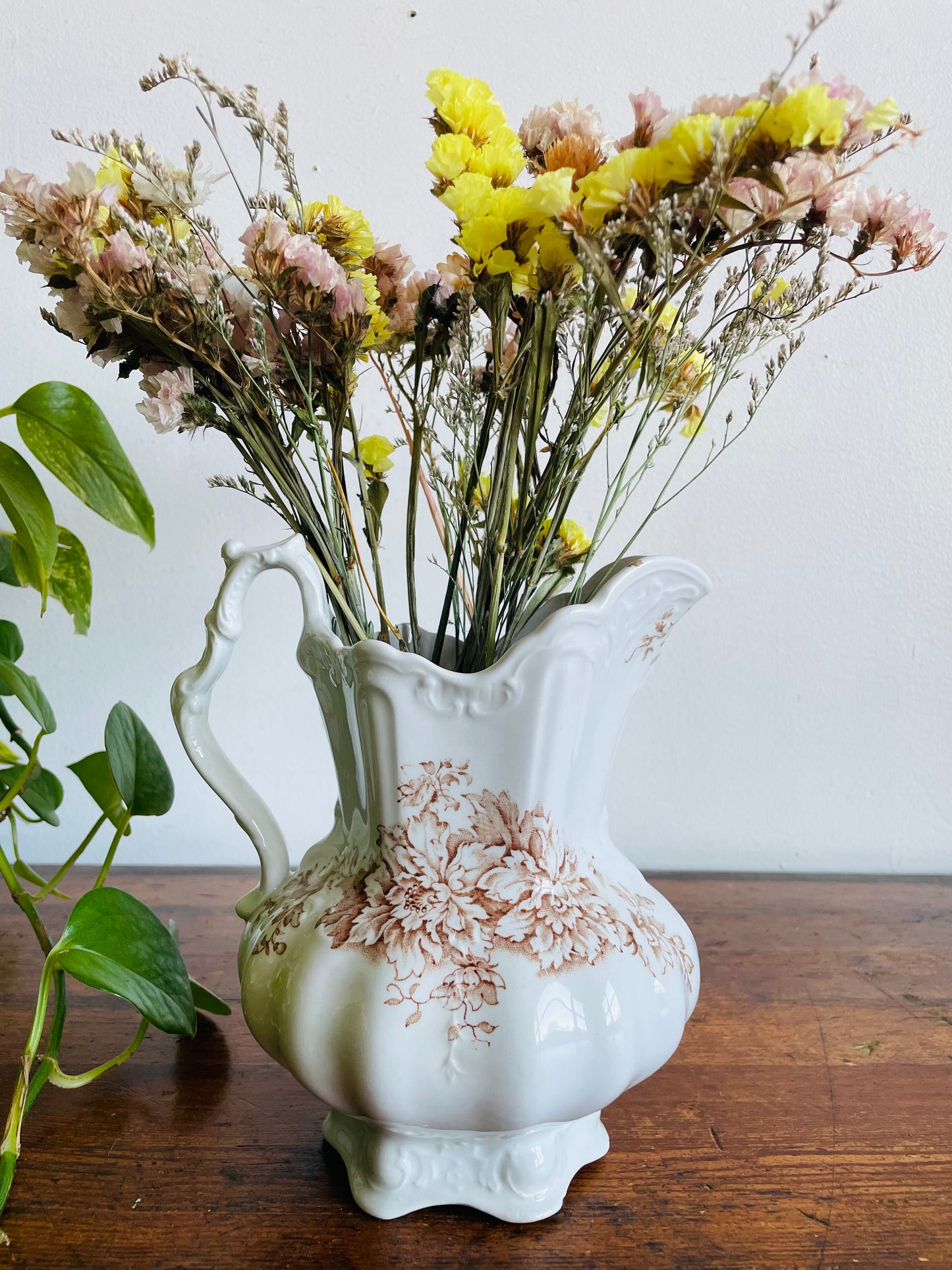 Vintage White & Brown Transferware Vase Pitcher with Ornate & Floral Pattern