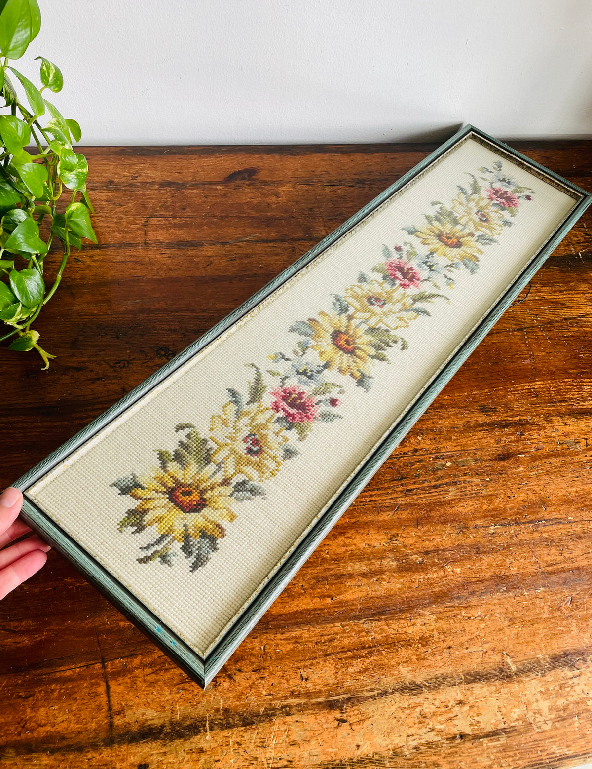 Vintage 2.5 Feet Long Needlepoint Embroidery Picture of Flowers - No Shipping