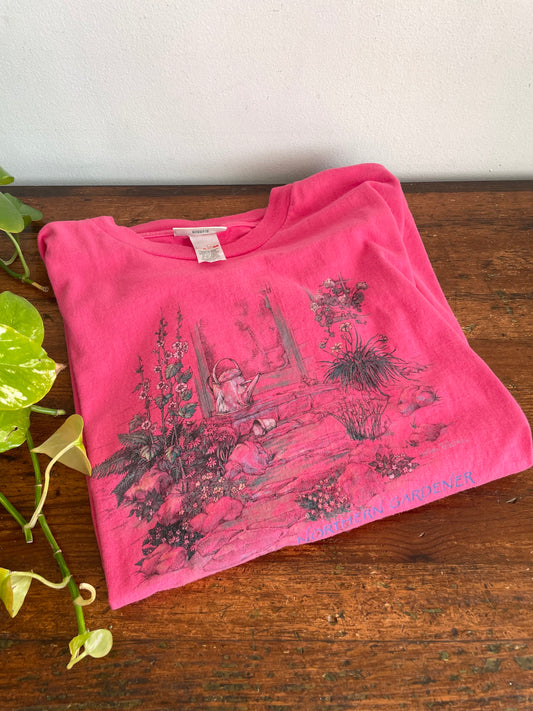 Vintage Northern Reflections 100% Cotton Pink T-Shirt with Northern Gardener Flower Garden Scene - Oversized Large - Made in Canada
