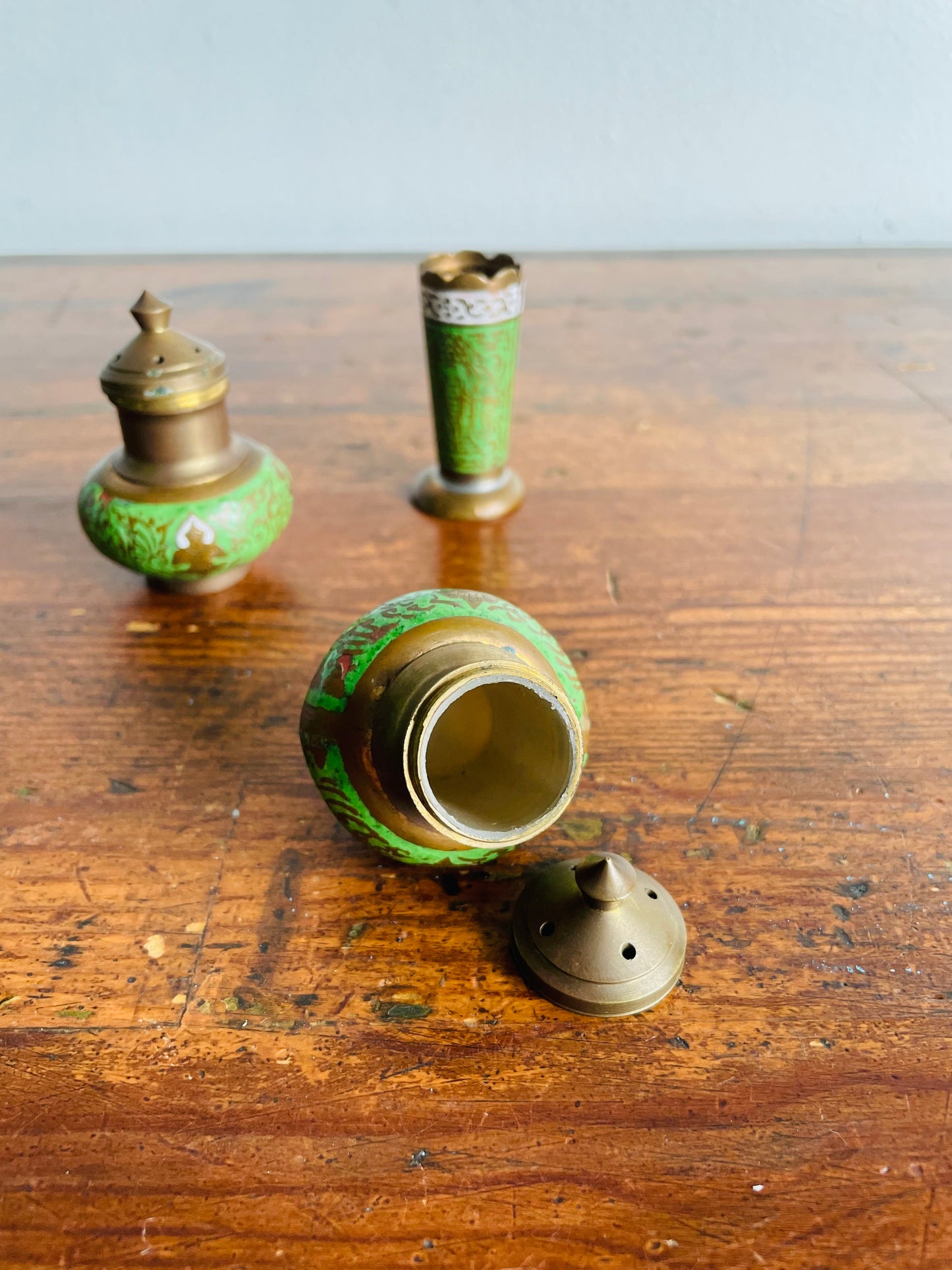 Brass & Enamel Table Set - Salt Shaker, Pepper Shaker, Toothpick Holder & Tray - Set of 4 Pieces