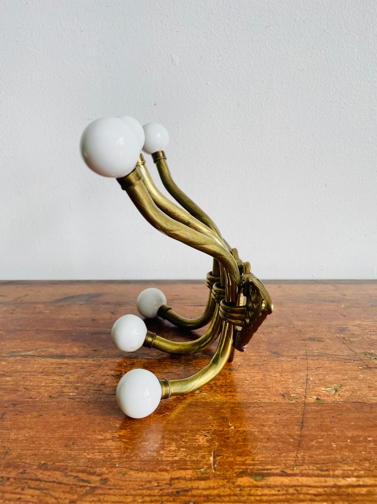 Vintage Brass & Ceramic Butterfly Wall Hook Hanger with 6 Hooks & Hanging Hardware - As Is