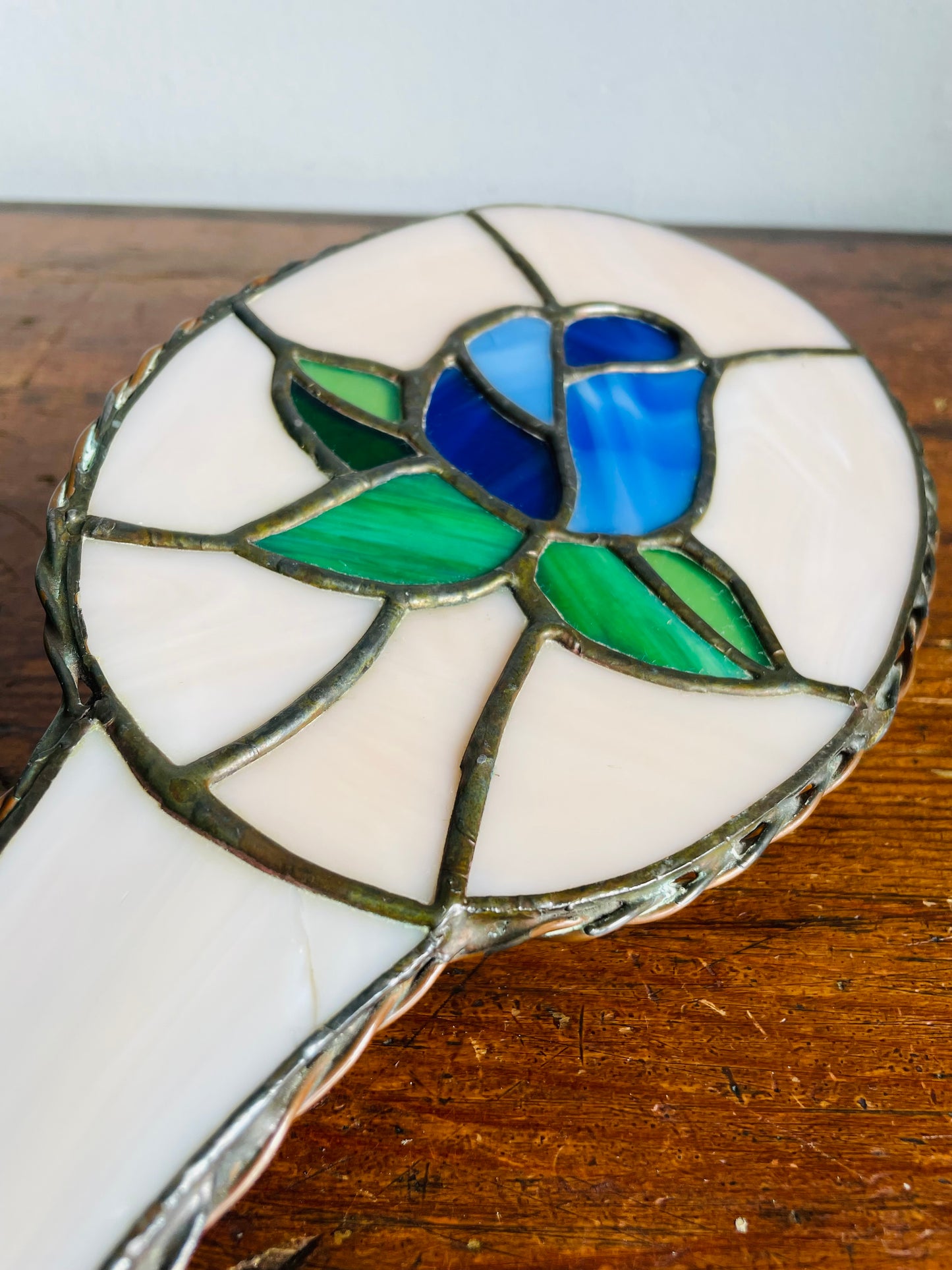Vintage Stained Glass Handheld Mirror with Blue Rose Flower Design