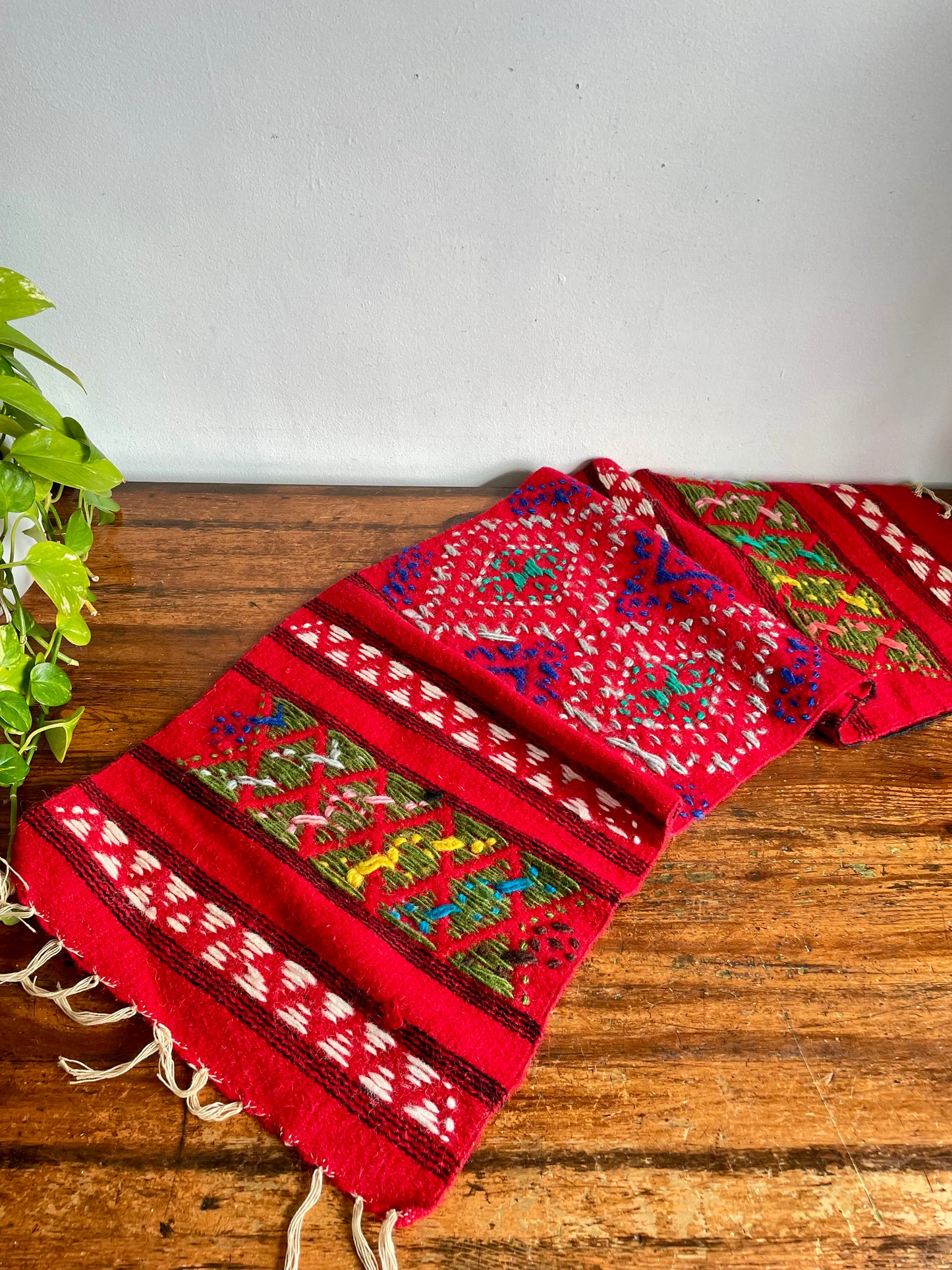 Vintage Hand Knotted Red Wool Table Runner or Narrow Rug with Brightly Coloured Geometric Pattern - 3.5 Feet Long