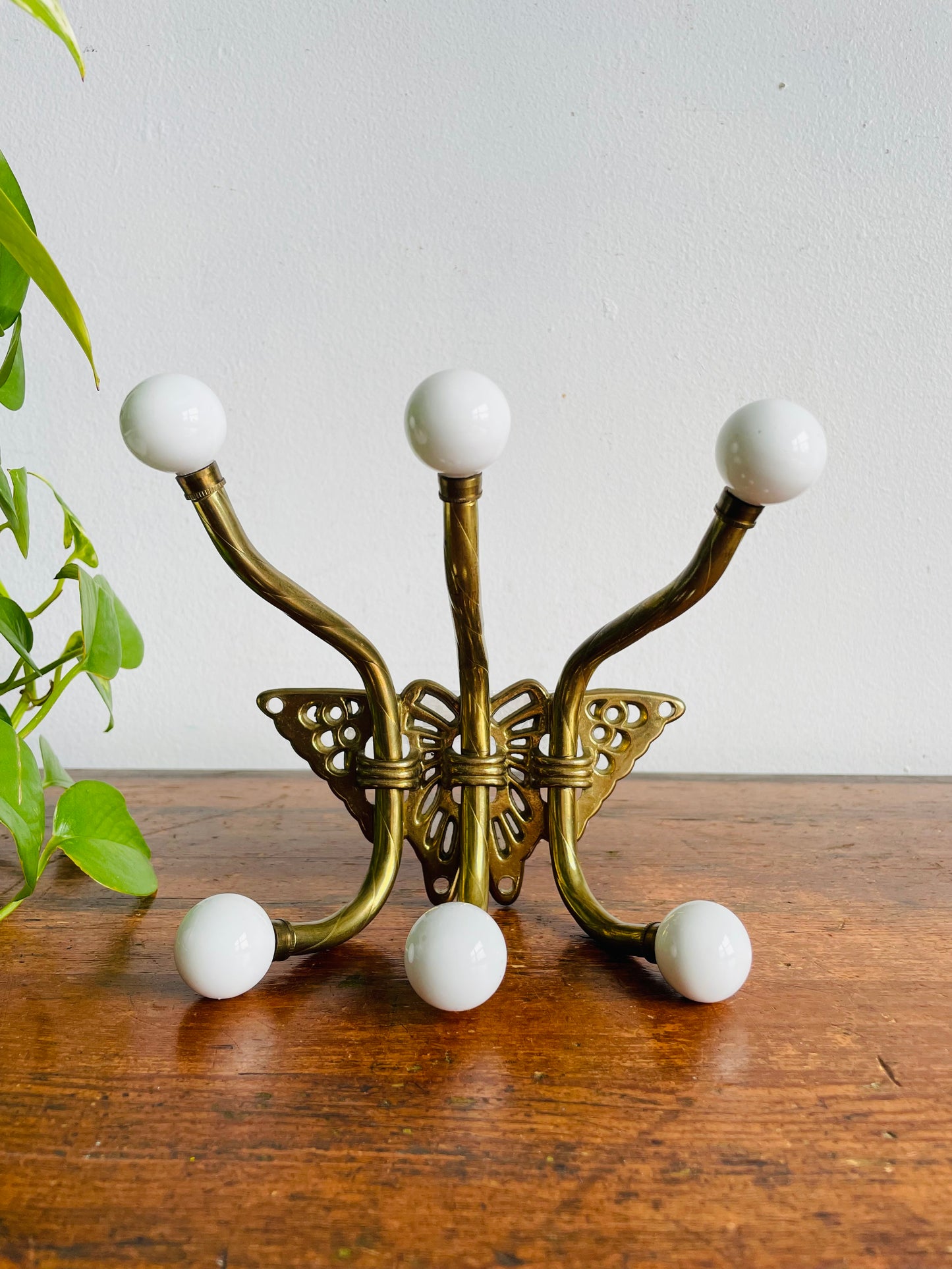 Vintage Brass & Ceramic Butterfly Wall Hook Hanger with 6 Hooks & Hanging Hardware - As Is