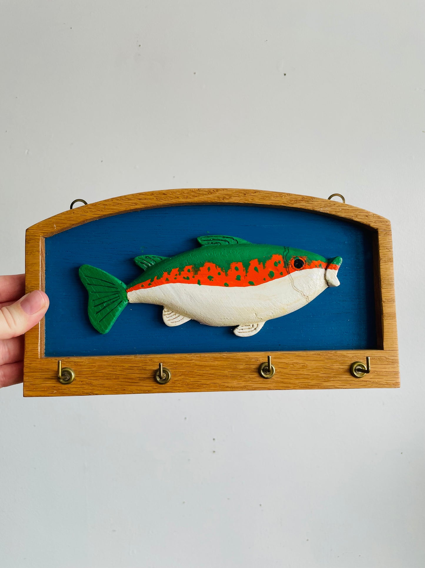 Vintage Handmade Wood Key Hook Rack with 4 Hooks - Brightly Coloured Rainbow Trout Fish Design - Artist Signed (2000)