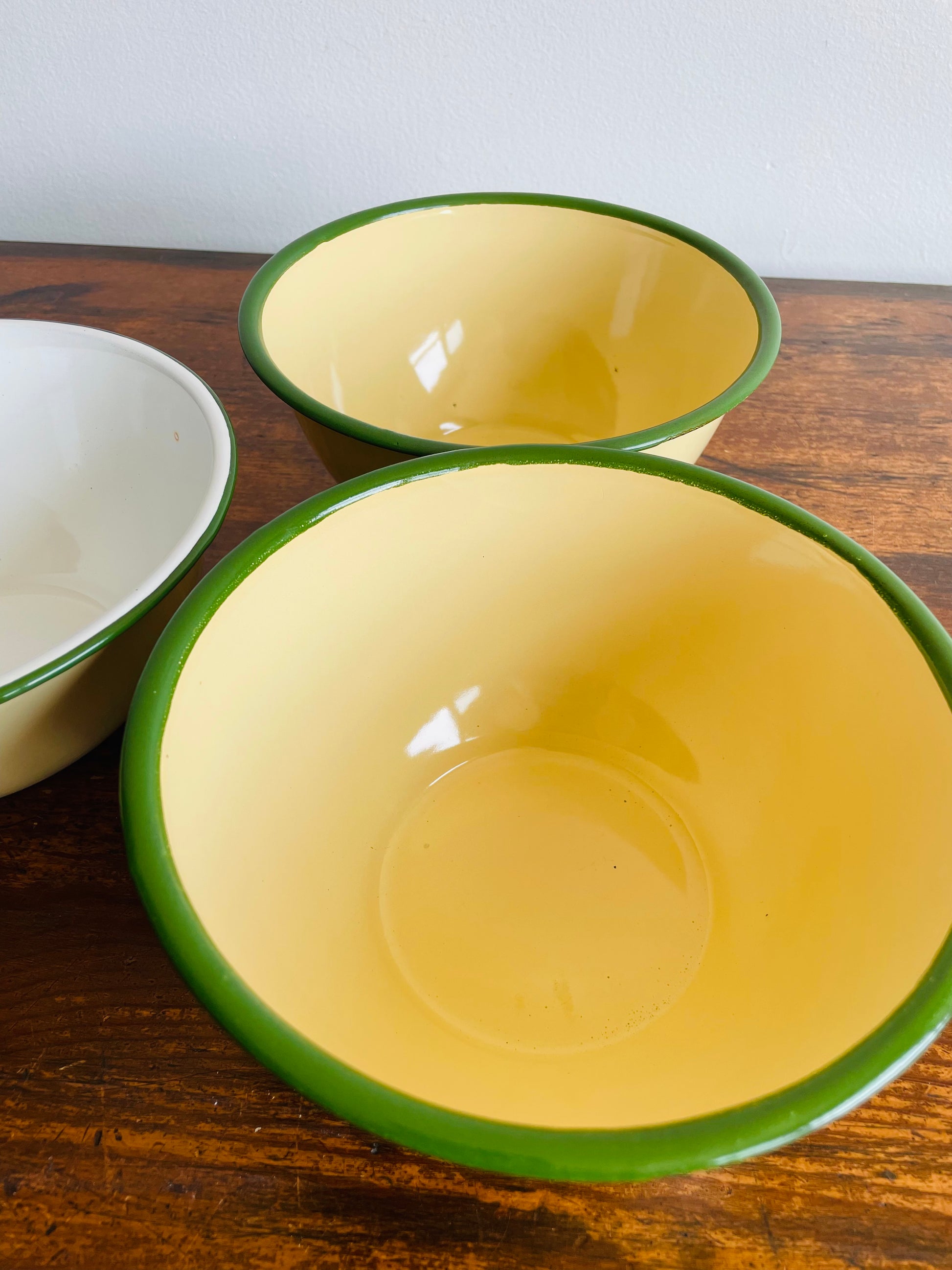 Vintage Goldfish Brand Deep Enamelware Bowls - Pale Yellow with Green Rims  - Set of 3