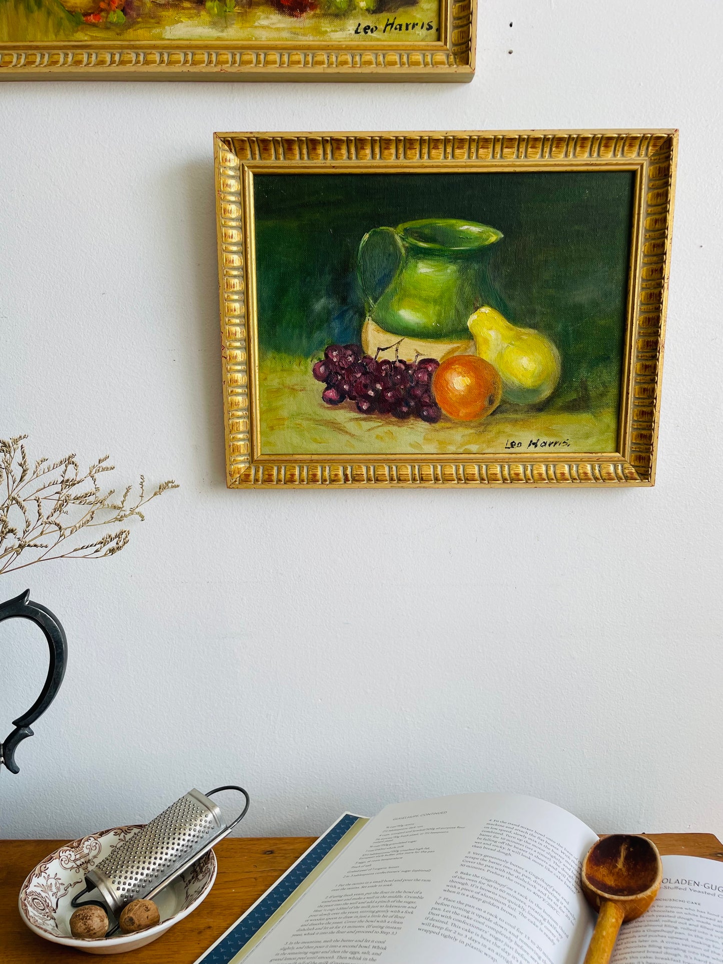 Vintage Original Art Painting of Still Life Scene with Fruit & Pottery Jug - Signed Leo Harris
