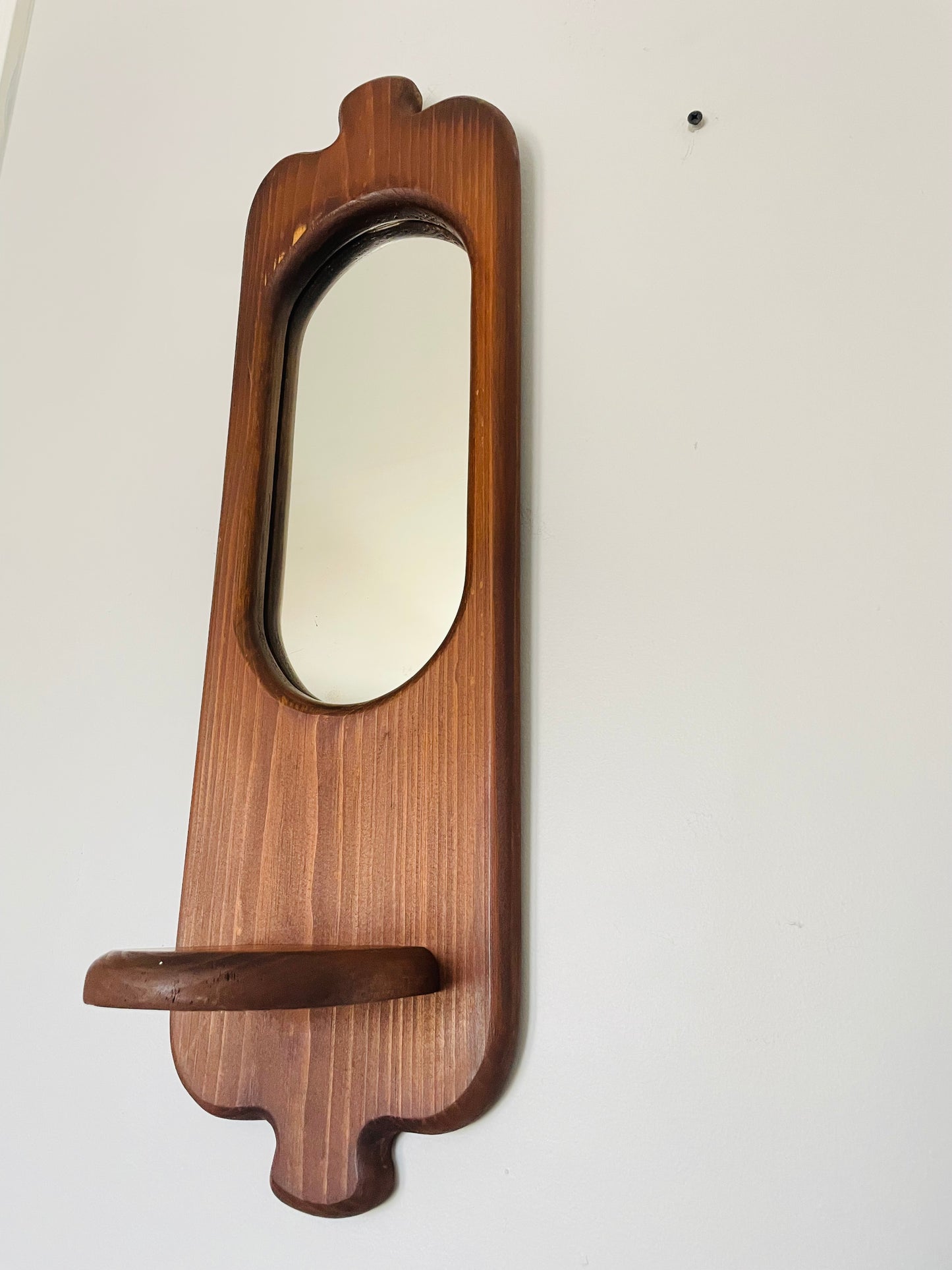 Vintage Organic Wavy Shaped Wood Mirror with Shelf Ledge #1 - 2 Feet Long - No Shipping