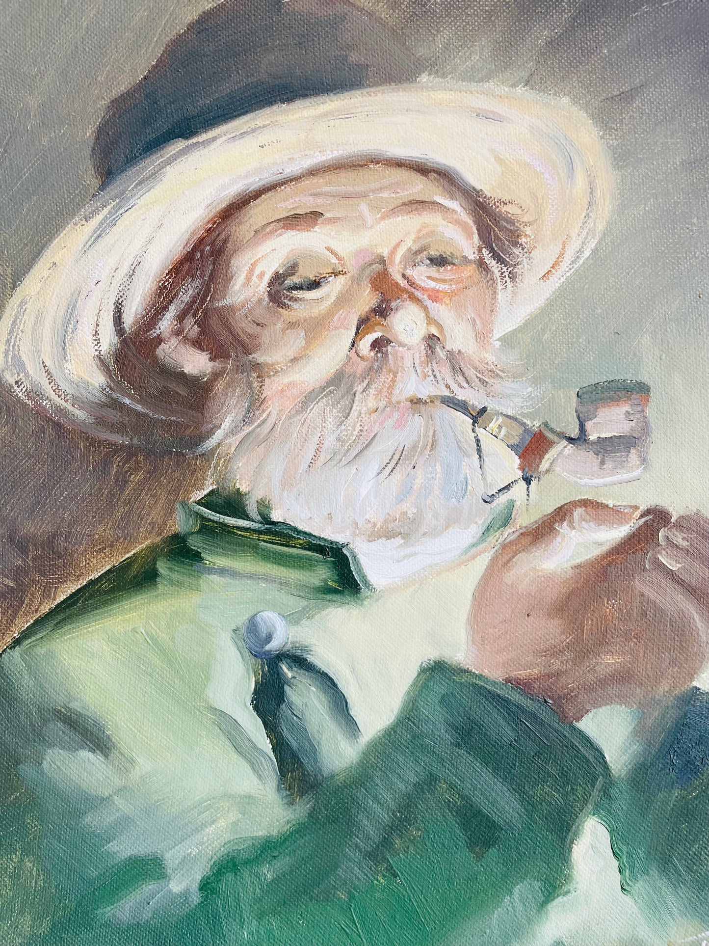 Vintage 2005 Original Art Painting Picture of Old Man Lighting a Pipe - Artist Signed
