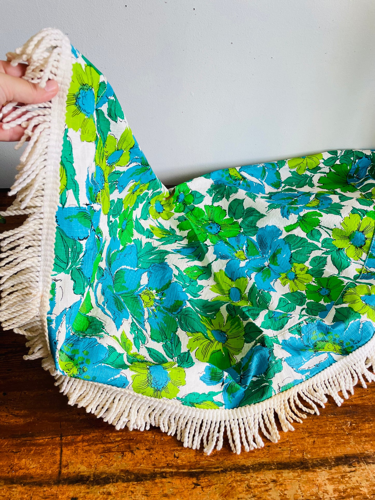 Vintage 1960s/70s Groovy & Fun Green & Blue Flower Power 44" Round Vinyl Patio Tablecloth with Umbrella Hole & White Braided Tassel Fringe